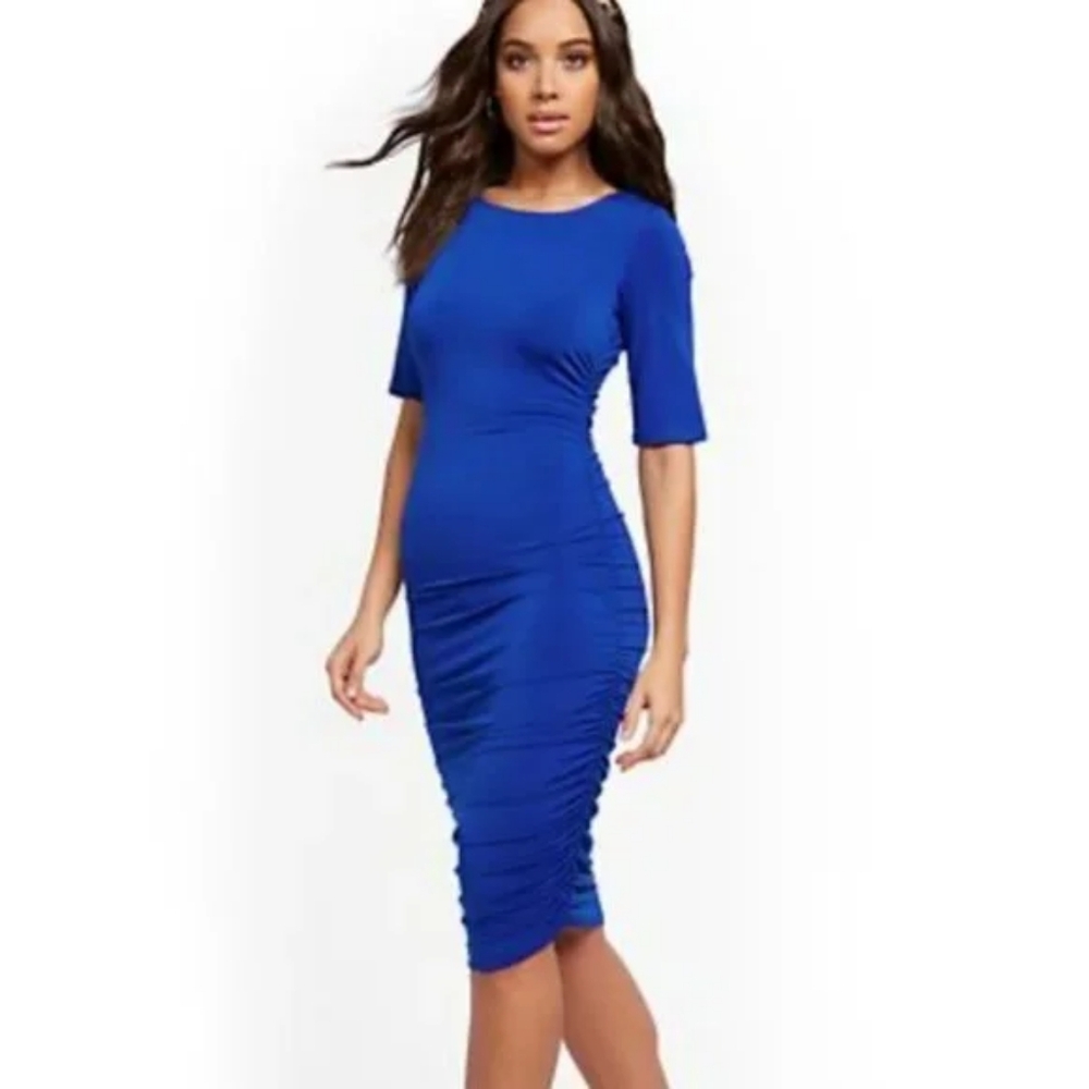 New York & Company Dress Royal Blue Midi Gatherd Sides Ladies Size M Party Work